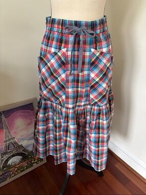 Free People Multicolor Plaid Seersucker Tiered Midi Skirt XS